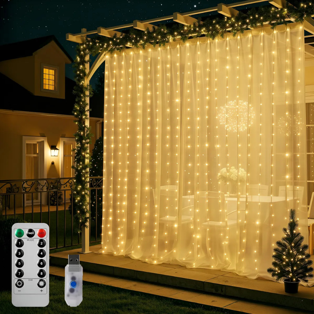 Cortina Led Alambre 3x3mts 10tiras Cálida Solar Control Efectos