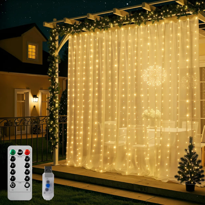 Cortina Led Alambre 3x3mts 10tiras Cálida Solar Control Efectos