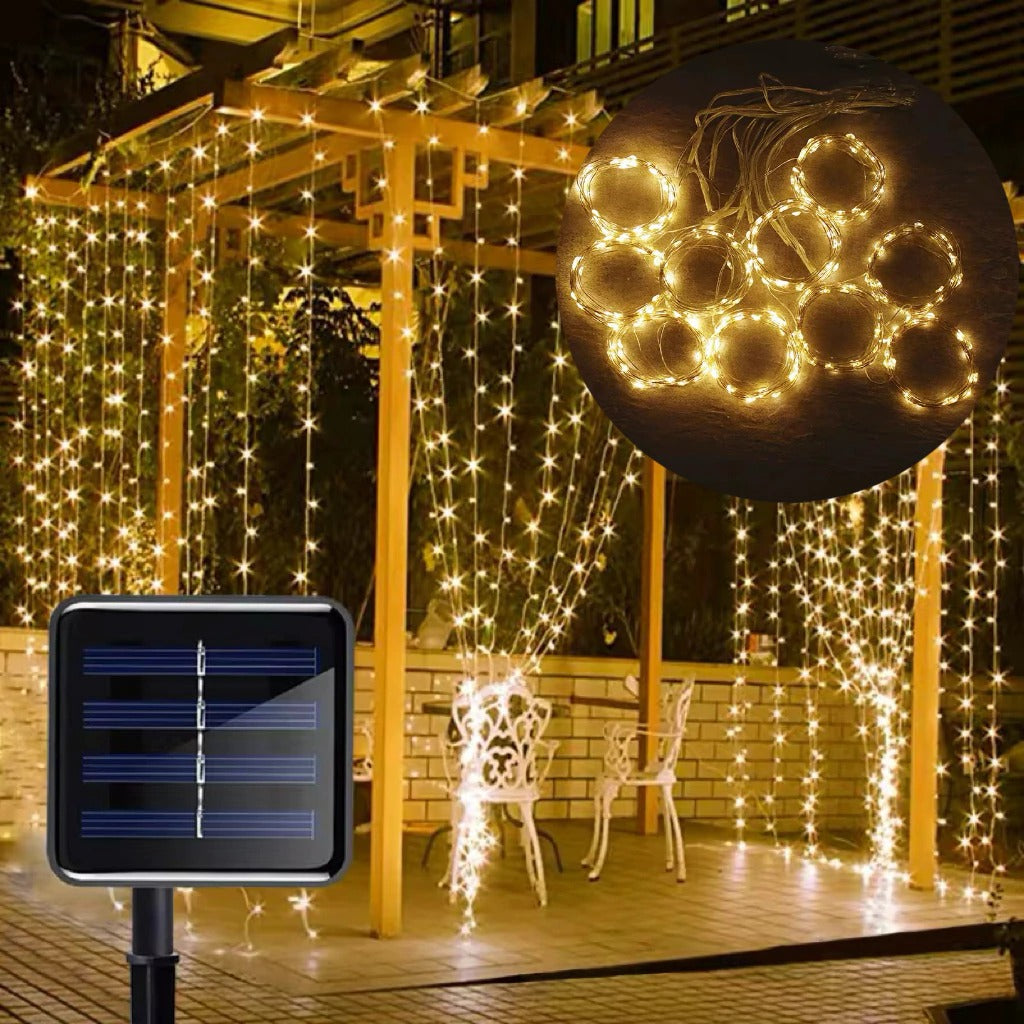 Cortina Led Alambre 3x3mts 10tiras Cálida Solar Control Efectos